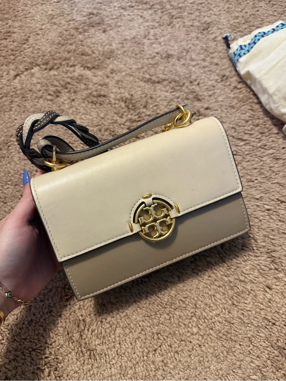 Tory Burch Miller Flap Shoulder Bag in Cream and Brown - Picture 3 of 5